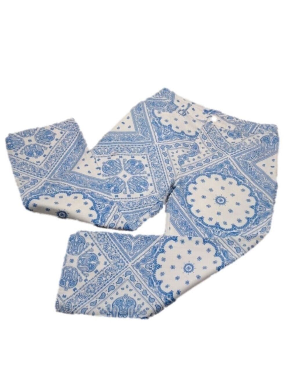 Cider Blue White Bandana Pattern High Rise Straight Leg Ankle Denim Color Jeans